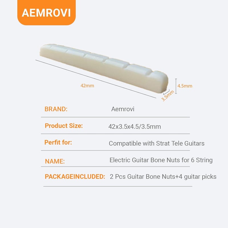 Aemrovi 6 pack 42mm Electric Guitar Bone Nuts for 6 String, Pre-Slotted Flat Bottom –Compatible with Strat/Tele Style,42x3.5x4.5/3.5mm–High-Density Cattle Bone for Brighter Tone Sustain (6 pack) - Image 3
